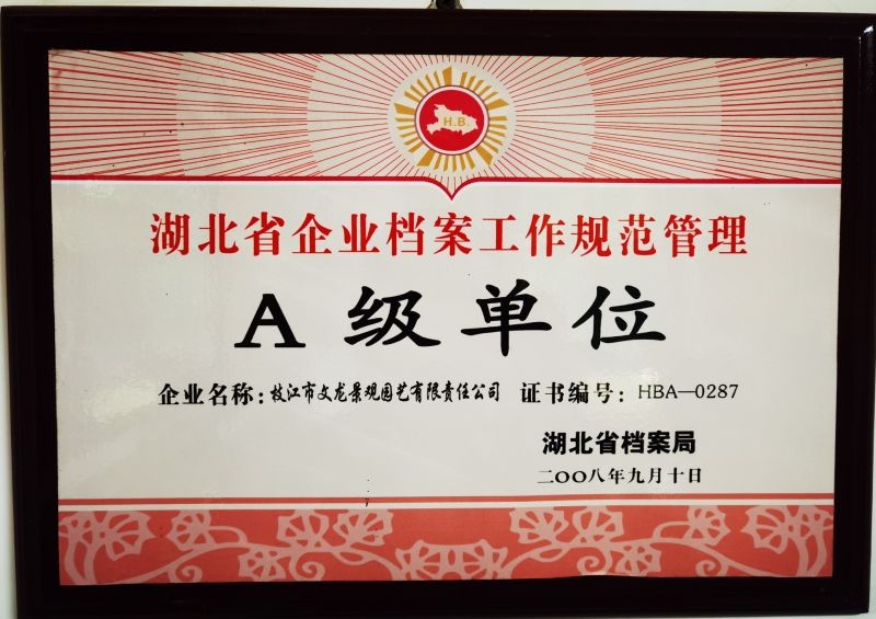 2008年湖北省企业档案工作规范管理A级单位